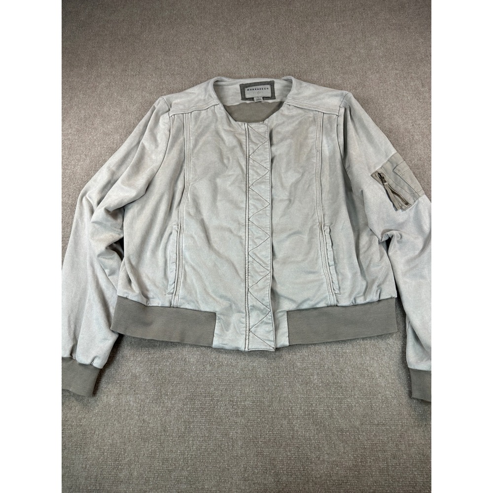 Marrakech Faux Suede Bomber Jacket Light Gray XL Collarless Zip Front Utility